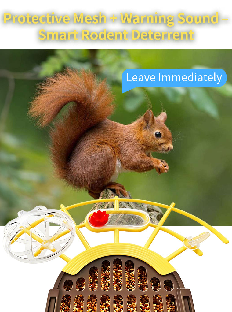A red squirrel is shown perched on a Elarvo Smart Bird Feeder Camera in an outdoor green setting, with overlaid marketing text reading 'Protective Mesh + Warning Sound - Smart Rodent Deterrent' and 'Leave Immediately.' The feeder and a small white cage-like accessory are visible, but the main visual subject is the animal in a real environment, so this fits Lifestyle rather than Product/Packaging.