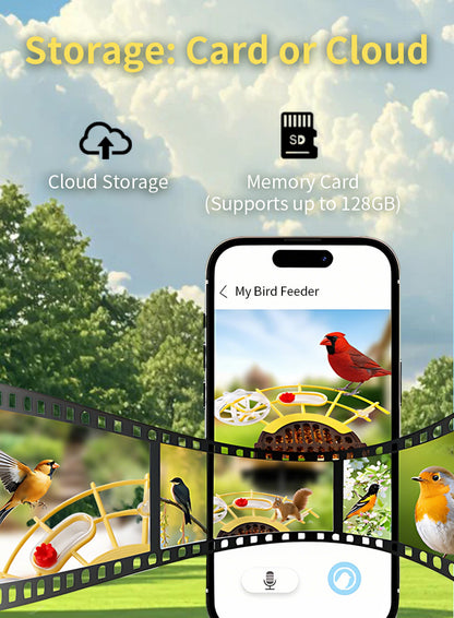 Promotional graphic for a Elarvo Smart Bird Feeder Camera app or cloud storage service, showing a smartphone with a bird feeder interface, a memory card icon labeled 'Memory Card (Supports up to 128GB)', and a cloud icon labeled 'Cloud Storage' over a park scene with birds and film-strip borders.