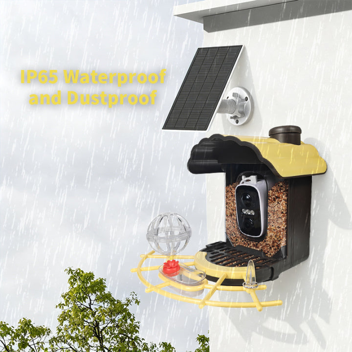 A solar-powered Elarvo Smart Bird Feeder Camera mounted on a white wall under a small solar panel, shown with rain graphics and text reading 'IP65 Waterproof and Dustproof.' The feeder has a black and yellow design, a clear seed hopper, and a small red accent.