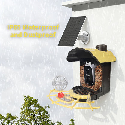 A solar-powered Elarvo Smart Bird Feeder Camera mounted on a white wall under a small solar panel, shown with rain graphics and text reading 'IP65 Waterproof and Dustproof.' The feeder has a black and yellow design, a clear seed hopper, and a small red accent.