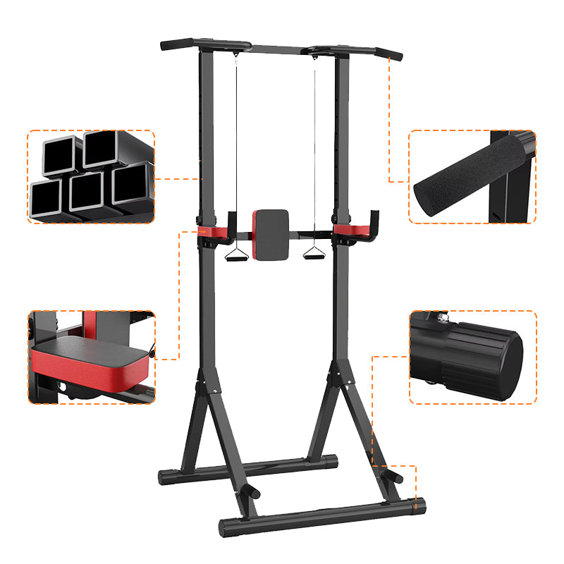 Black and red pull-up bar with multiple angles shown on a white background