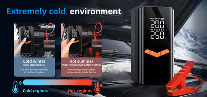 Car Elarvo Tyre Inflator Jump Starter with digital display on a car dashboard, showing temperature extremes.
