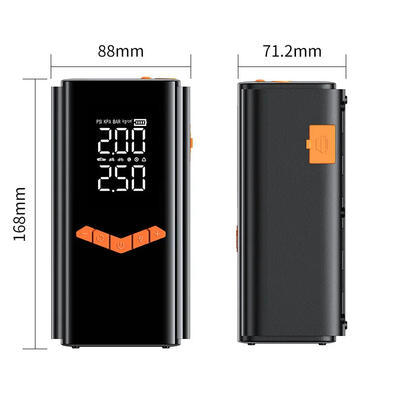 Black Elarvo 2 in 1 Tyre Inflator Jump Starter with digital display and dimensions labeled on a white background