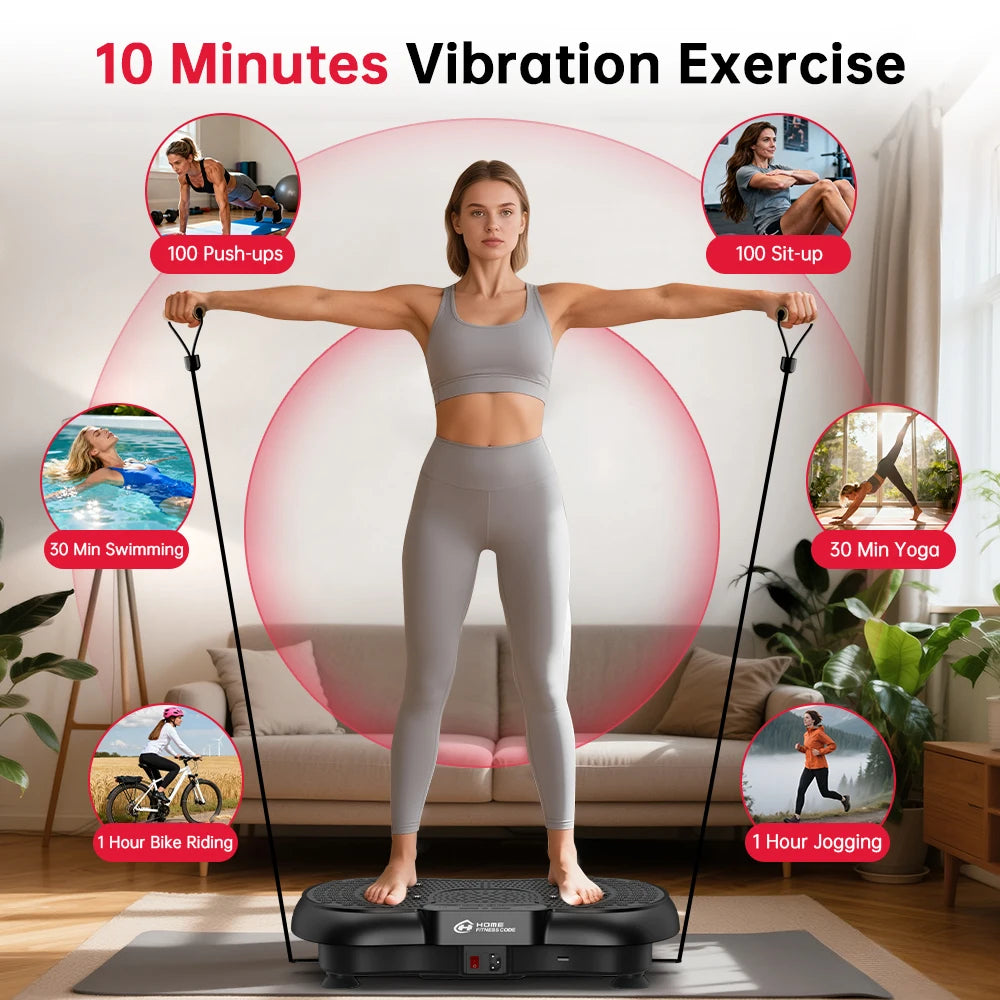 Woman exercising on a vibration platform with icons of other exercises around her.