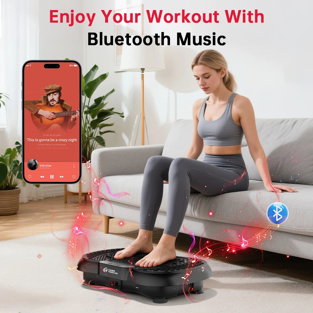 Woman using a Elarvo Vibration Plate with Bluetooth music display in a living room.