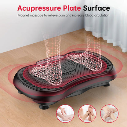 Acupressure plate surface with feet on a Elarvo Vibration Plate, showing benefits of magnet massage.