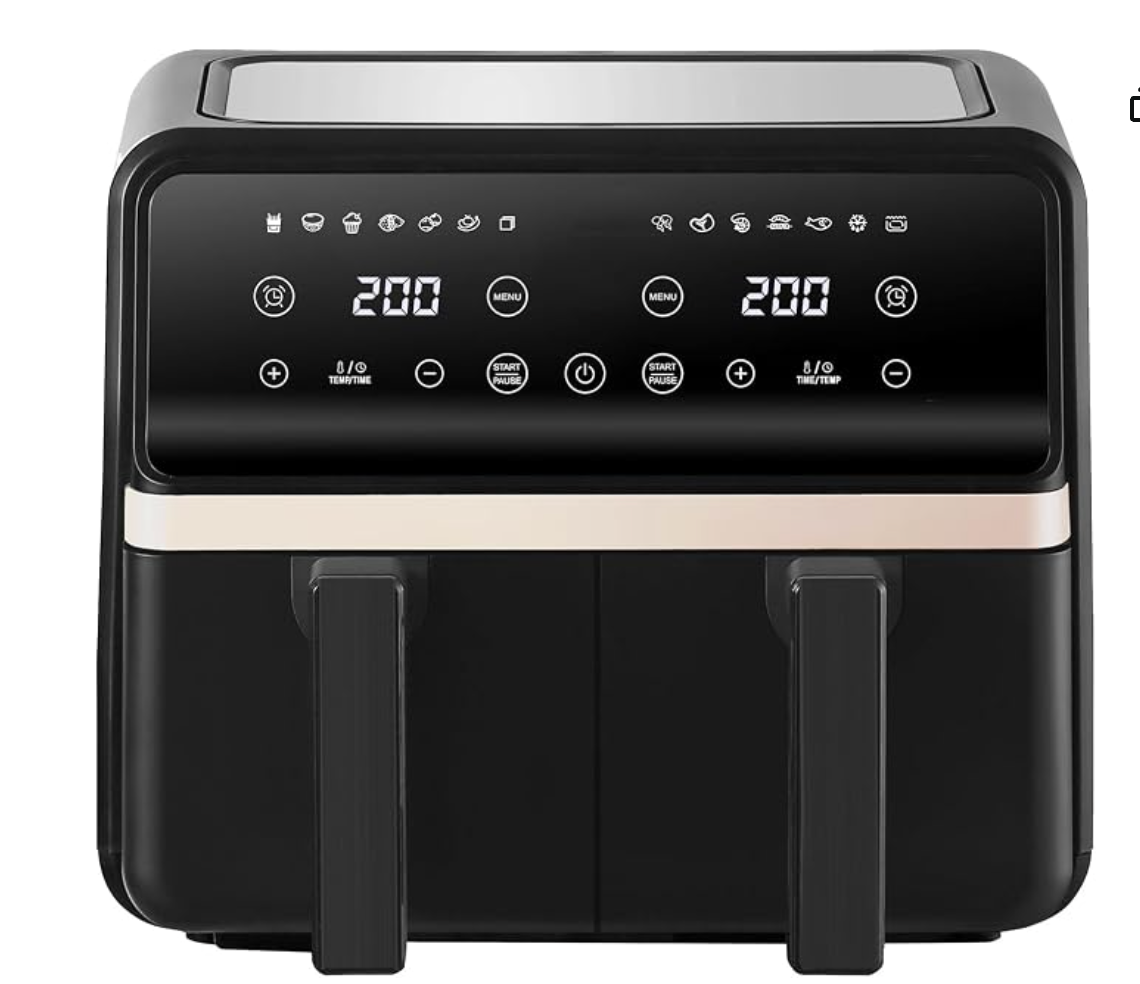 Black Elarvo air fryer with a glossy digital control panel, featuring two handles on the front and a thin metallic accent band.