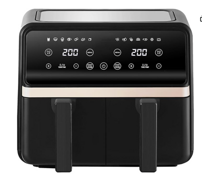Black Elarvo air fryer with a glossy digital control panel, featuring two handles on the front and a thin metallic accent band.