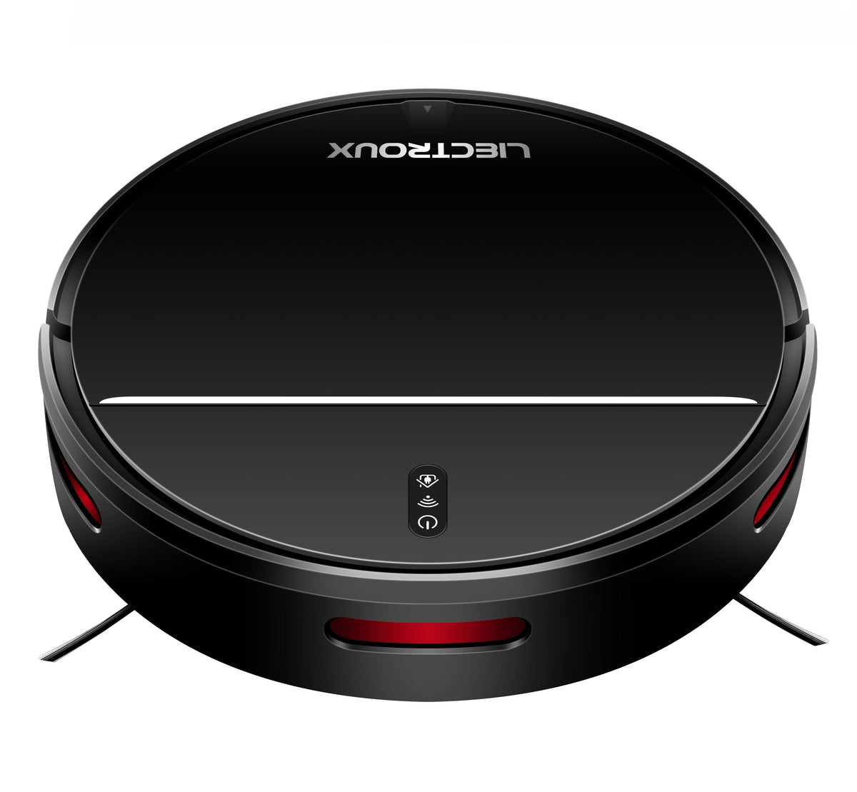 Black Elarvo M7S Robot Vacuum with red accents on a white background