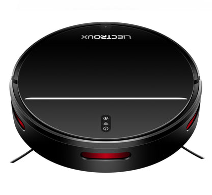 Black Elarvo M7S Robot Vacuum with red accents on a white background