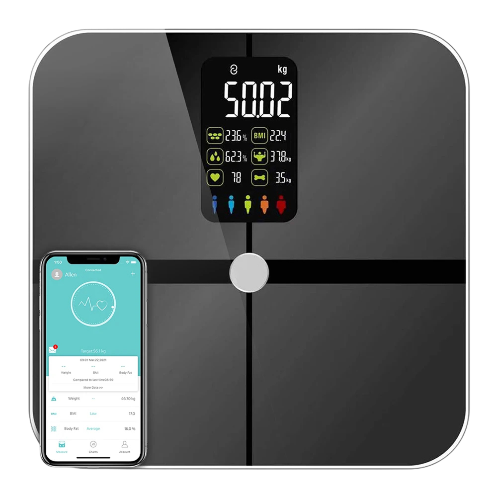 A EllaPirus Smart Scale with a glossy black glass surface, featuring a central display screen showing weight and health metrics, alongside a smartphone showing a companion app on a white background.