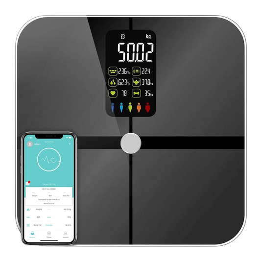 A EllaPirus Smart Scale with a glossy black glass surface, featuring a central display screen showing weight and health metrics, alongside a smartphone showing a companion app on a white background.