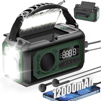 Multifunctional EmexRadi Emergency Radio with flashlight, radio, and charging capabilities on a white background