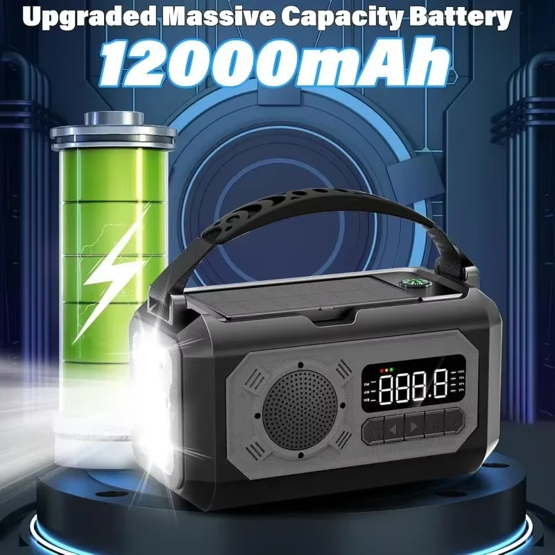 EmexRadi Emergency Radio battery pack with 12000mAh capacity on a futuristic background