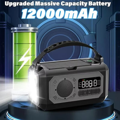 EmexRadi Emergency Radio battery pack with 12000mAh capacity on a futuristic background