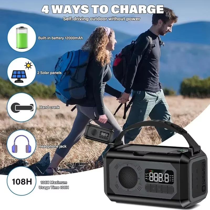 Portable EmexRadi Emergency Radio with charging options shown on a scenic background