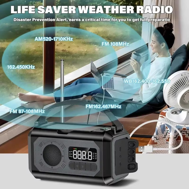 Life Saver EmexRadi Emergency Radio with digital display and AM/FM bands, shown with a person using a laptop.
