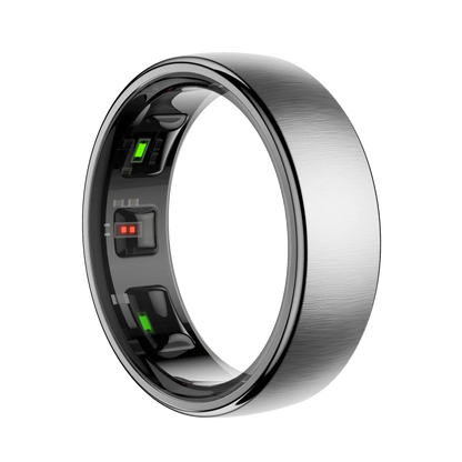 Enviox Smart Ring silver with electronic components on a white background