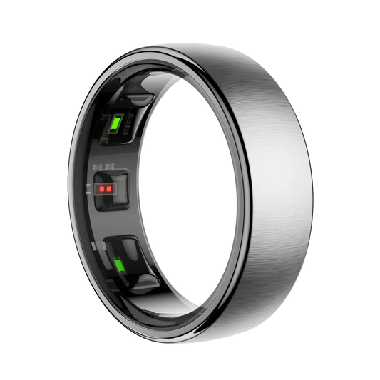 Enviox Smart Ring silver with electronic components on a white background