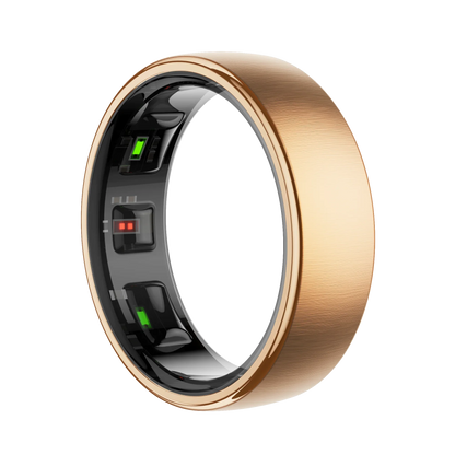 rose gold Enviox Smart Ring with electronic components on a white background