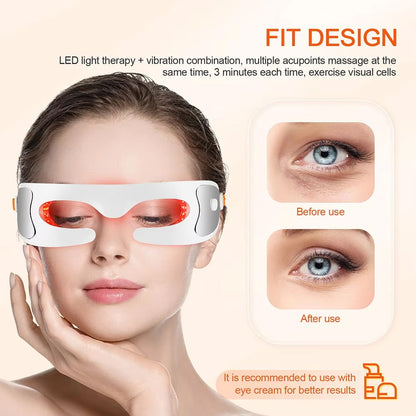 Woman wearing an Eyviola Eye Massager with LED light therapy and vibration, showing before and after effects on eyes.