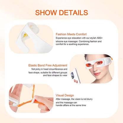 Eyviola Eye Massager with text on comfort and design features on a beige background