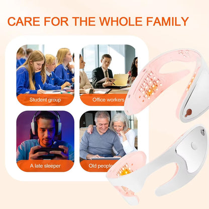 Eyviola Eye Massager advertisement with images of people in different scenarios and a close-up of the product.