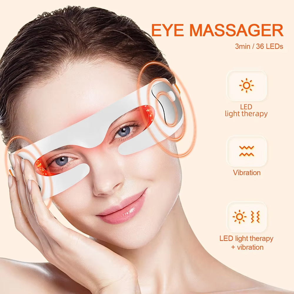 Woman using an Eyviola Eye Massager with LED light therapy and vibration features on a beige background.