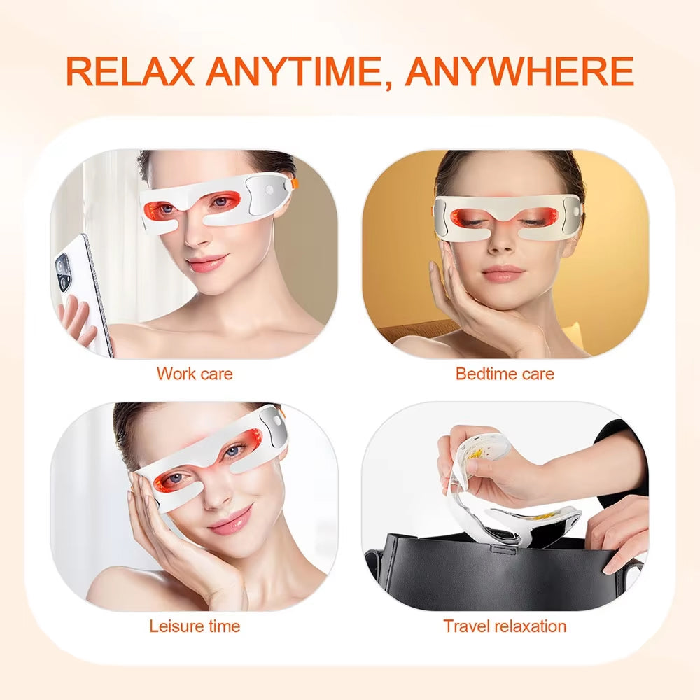 Eyviola Eye Massager device with text 'Relax Anytime, Anywhere' and usage scenarios on a beige background.