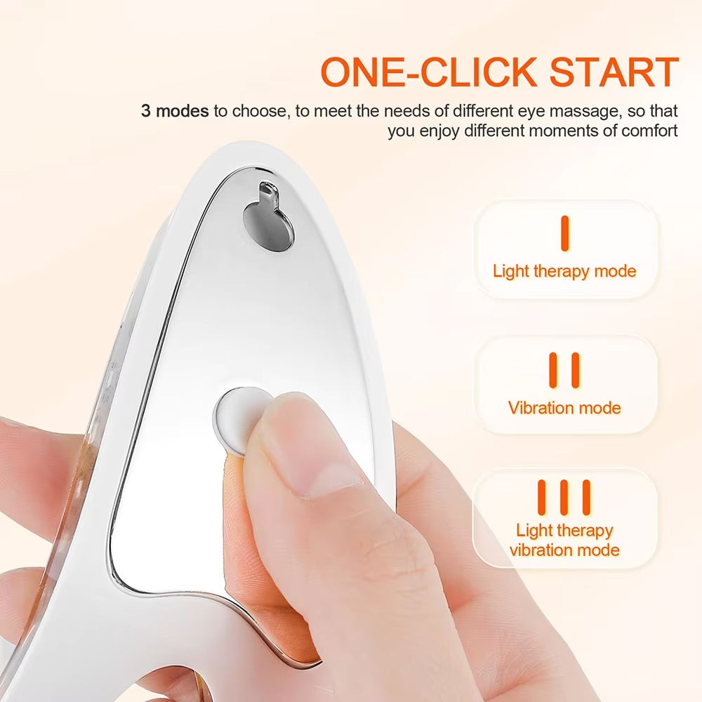 Hand holding a white Eyviola Eye Massager device with text on modes and comfort.