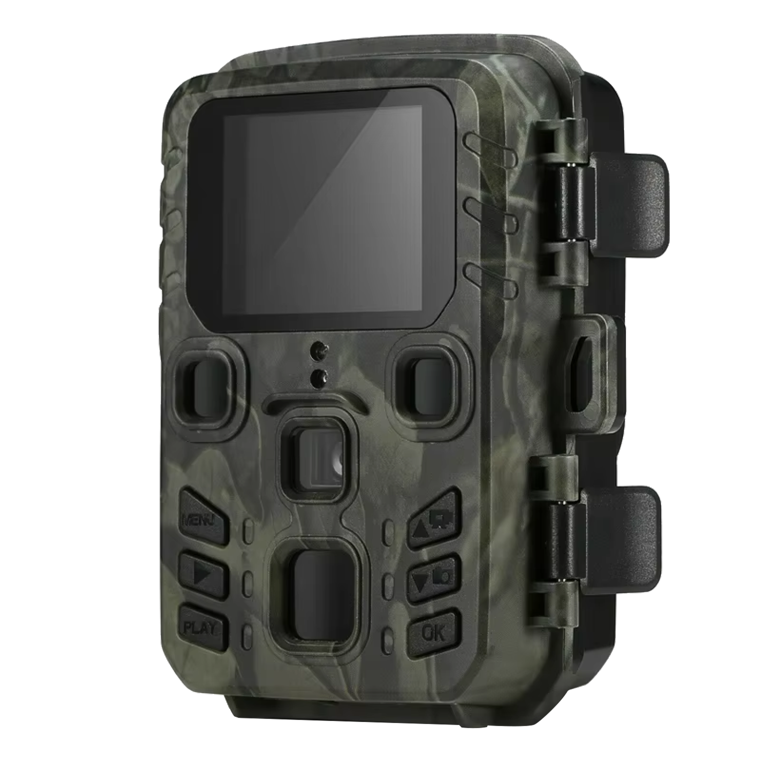 Camouflage-patterned FaunPeak Wildlife Camera on a white background