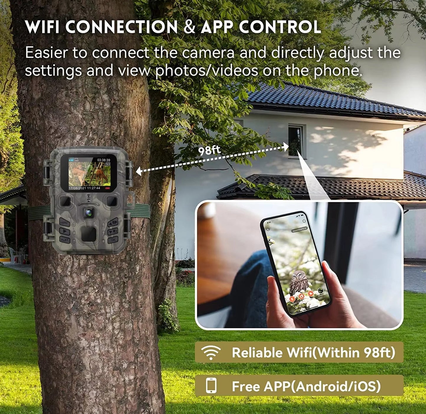 FaunPeak Wildlife Camera system attached to a tree with smartphone app control feature.