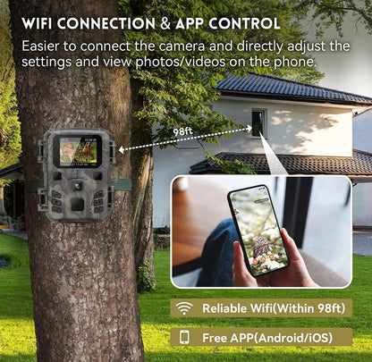 FaunPeak Wildlife Camera system attached to a tree with smartphone app control feature.