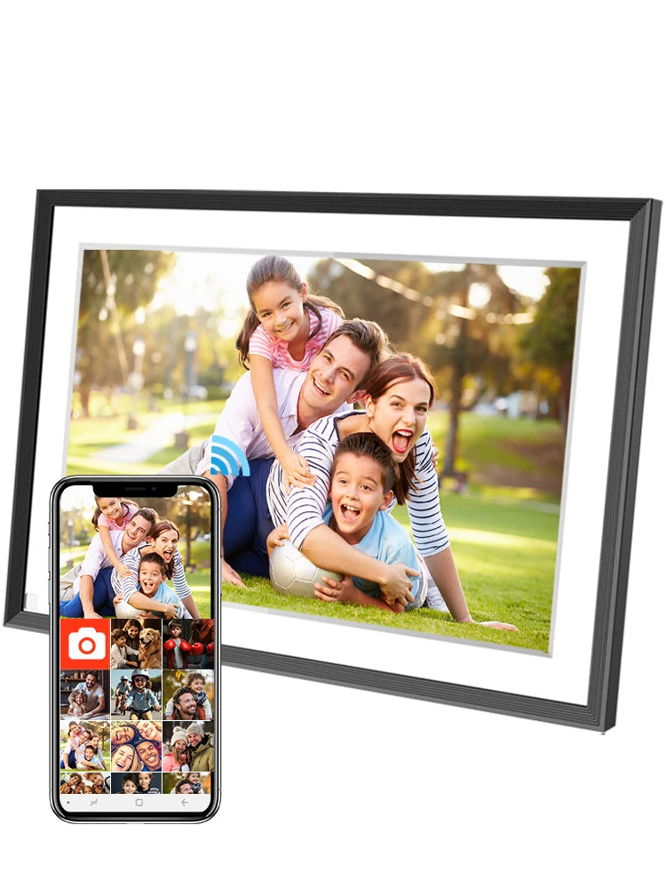 Fawnstech Digital Photo Frame displaying a family photo with a smartphone showing more images.