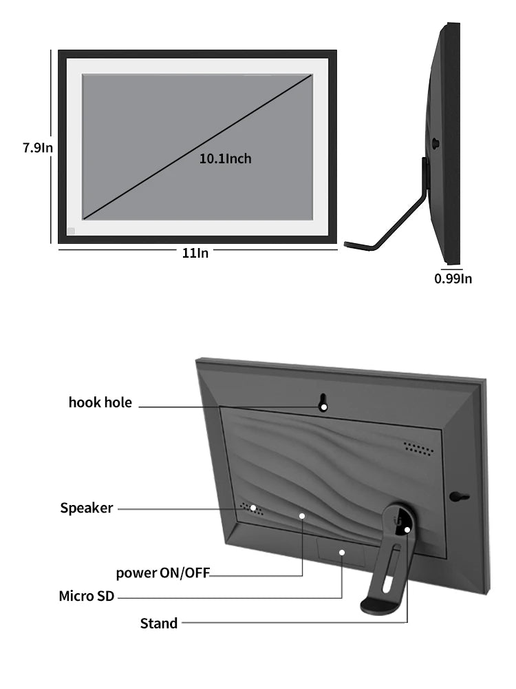 Diagram of a Fawnstech Digital Photo Frame with dimensions and labeled features on a white background