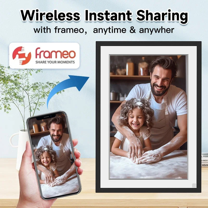 Advertisement for Frameo showing a phone and a Fawnstech Digital Photo Frame displaying a family moment.