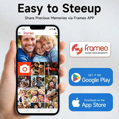 Smartphone displaying the Frameo app with a hand holding it, and app store download buttons below.