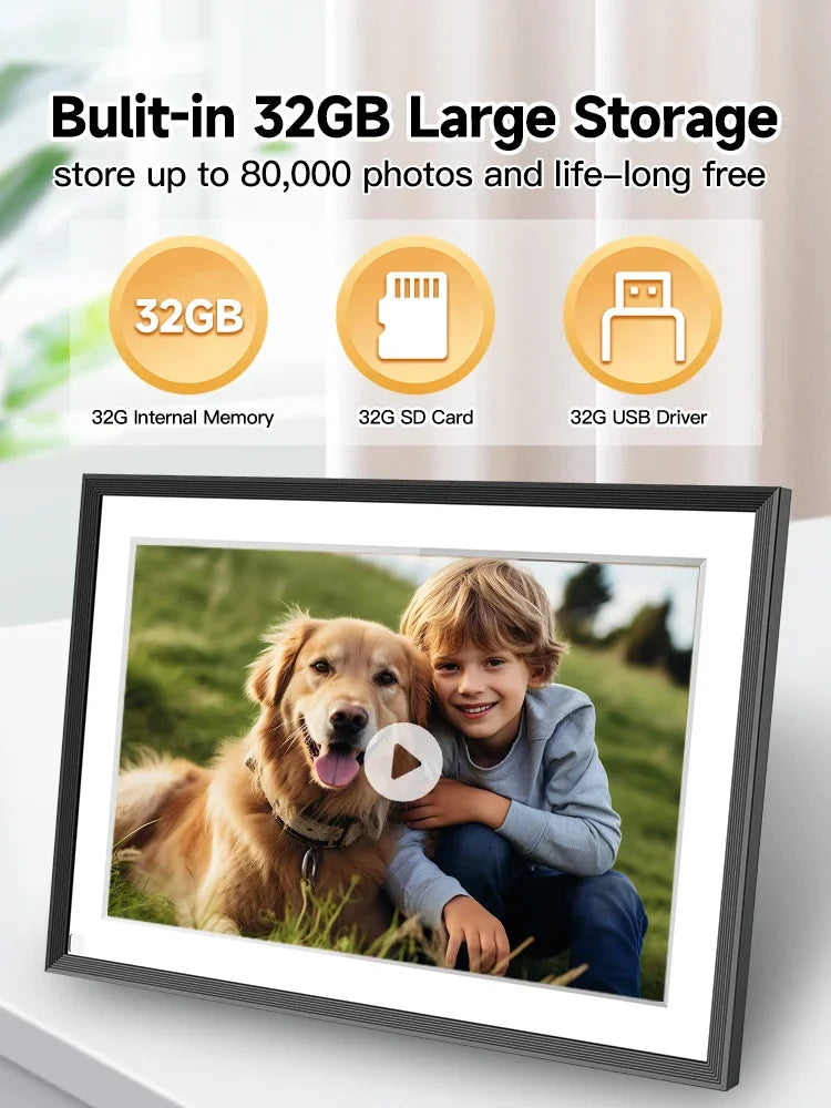 Fawnstech Digital Photo Frame frame displaying a boy and dog with text about 32GB storage capacity.