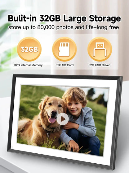 Fawnstech Digital Photo Frame frame displaying a boy and dog with text about 32GB storage capacity.