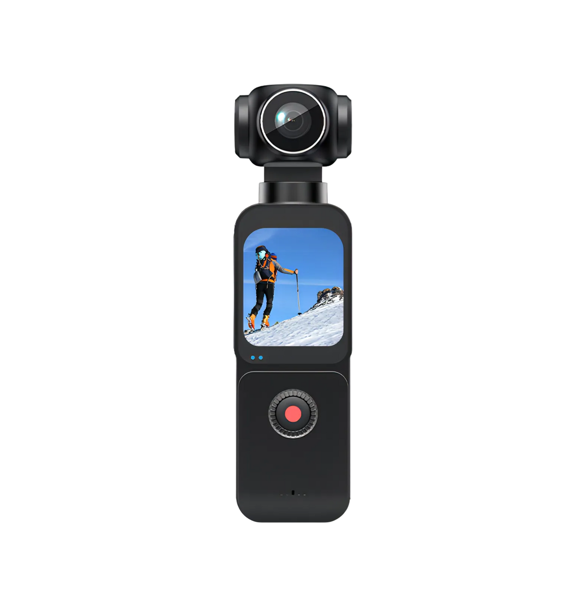 Black Fenzora Vlogging Camera with screen displaying a skier on a mountain, on a white background