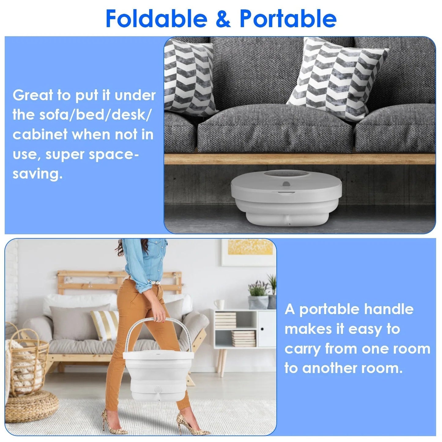 Foldable and portable storage solution under a sofa with text highlighting its space-saving and portability features.