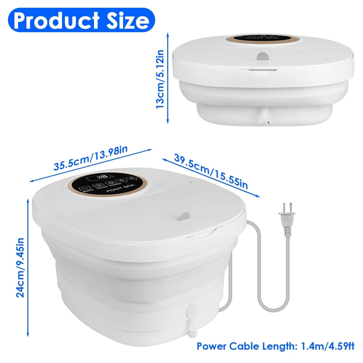 White FotixBath Foot Bath with power cable and measurements on a white background