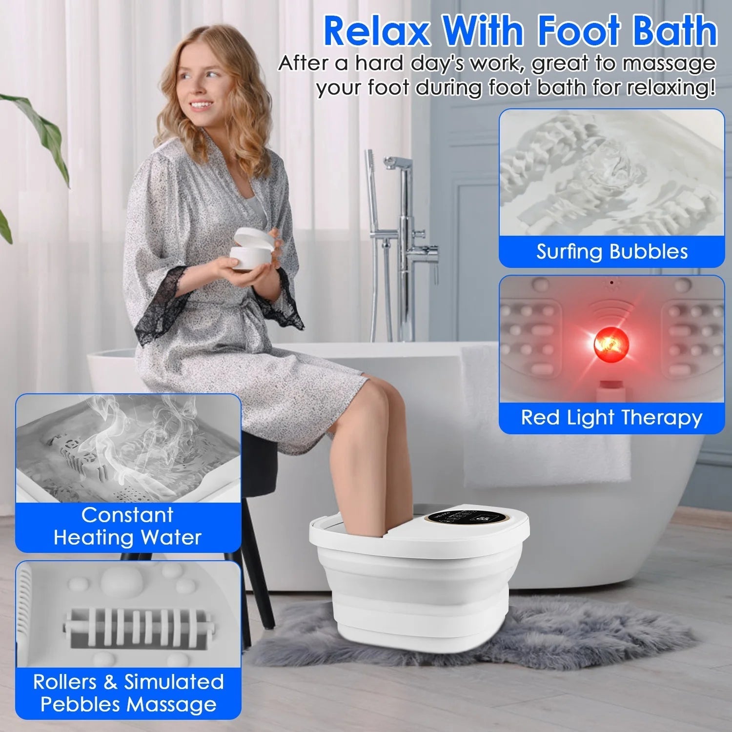Woman using a FotixBath Foot Bath with text highlighting features like surfing bubbles, red light therapy, constant heating water, and rollers & simulated pebbles massage.