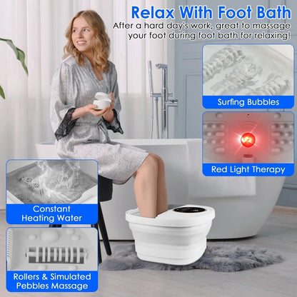 Woman using a FotixBath Foot Bath with text highlighting features like surfing bubbles, red light therapy, constant heating water, and rollers & simulated pebbles massage.