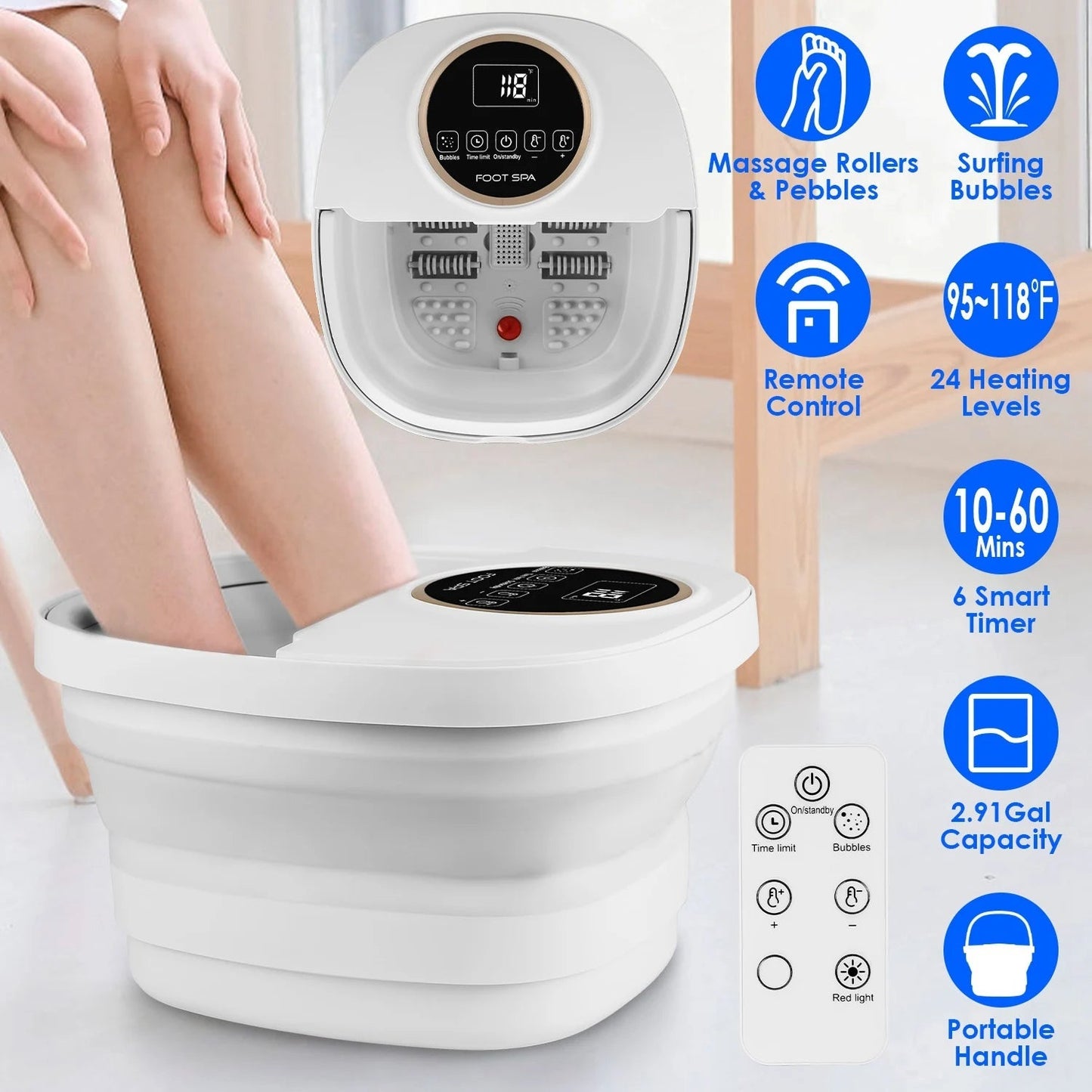 White FotixBath Foot Bath with user using it, featuring various features on a light background