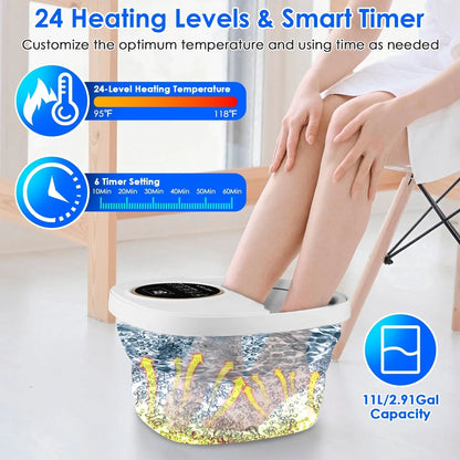 Person using a FotixBath Foot Bath with 24 heating levels and smart timer features.