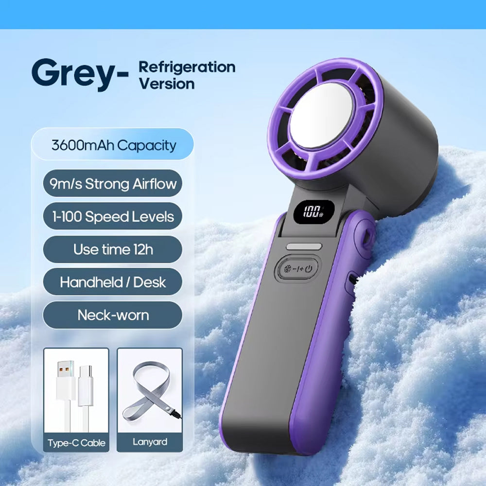 FrostoeByte Handheld Turbo Fan refrigeration device with specifications on a snowy background
