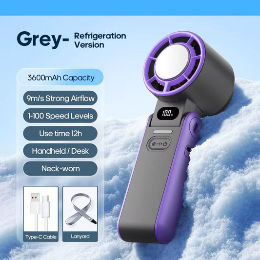 FrostoeByte Handheld Turbo Fan refrigeration device with specifications on a snowy background