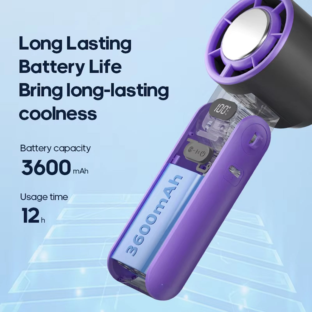 FrostoeByte Handheld Turbo Fan with battery capacity and usage time information on a light blue background