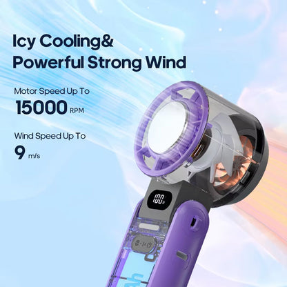 Purple FrostoeByte Handheld Turbo Fan with cooling and wind speed specifications on a light blue background